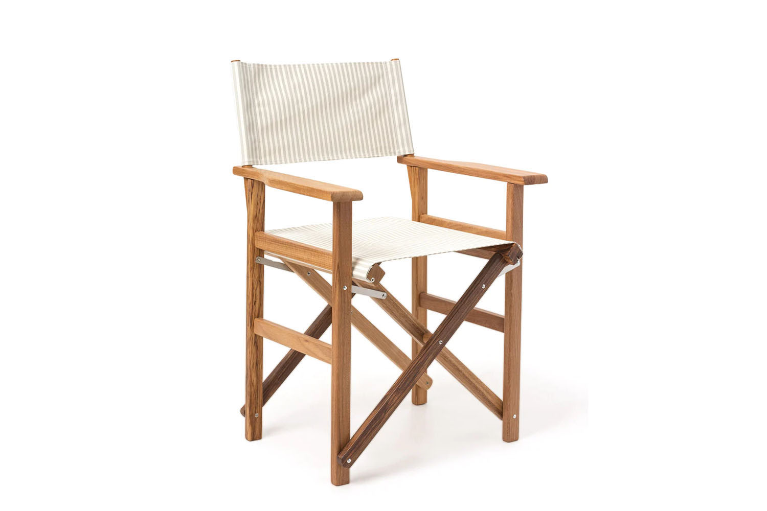Director-style folding chair with sage green and white striped canvas and wood frame.