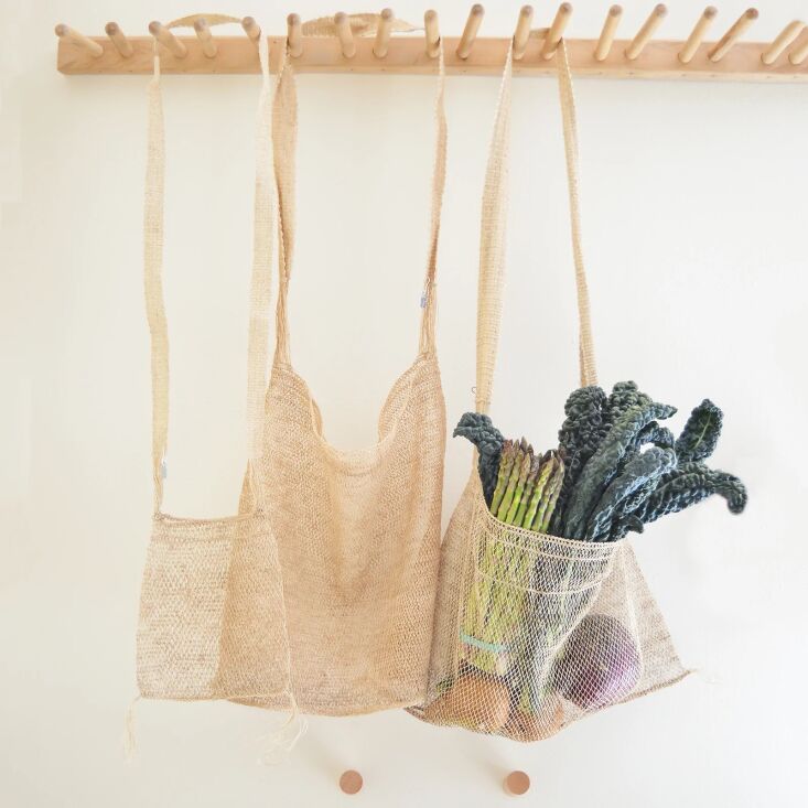 Natural vine fiber net bags hand-knotted in various sizes.