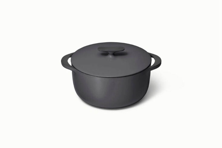 A Caraway Enameled Cast Iron Dutch Oven in a minimalist muted color.