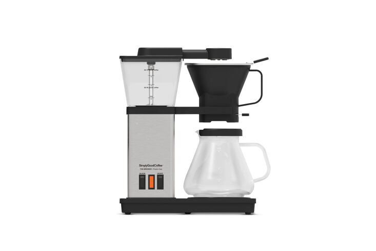 A modern automatic coffee maker from Simply Good Coffee featuring a stainless steel boiler and shower head.