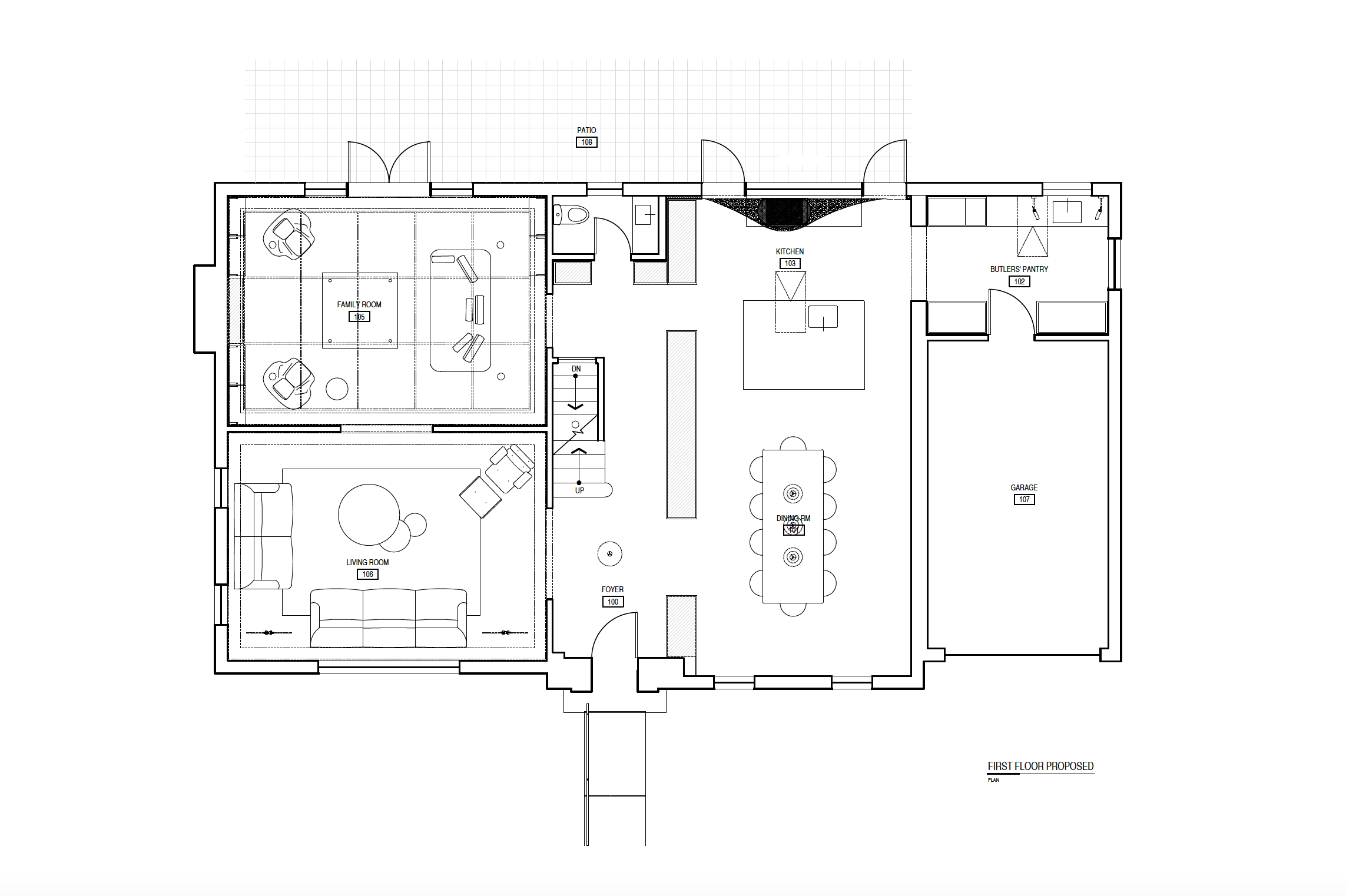 Architectural floor plan showing the new organic flow and the removal of the center hall wall.