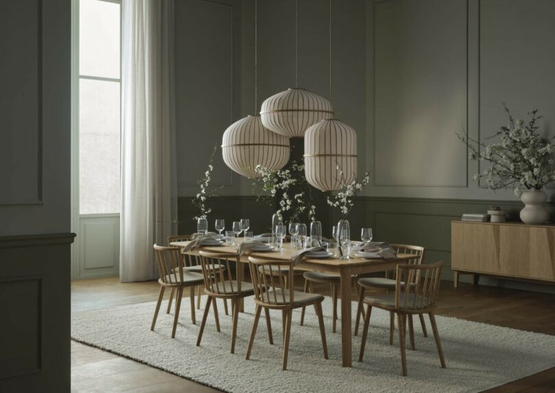 A spacious dining room featuring a long wooden table set for eight with matching Éter Chairs and designer lighting.