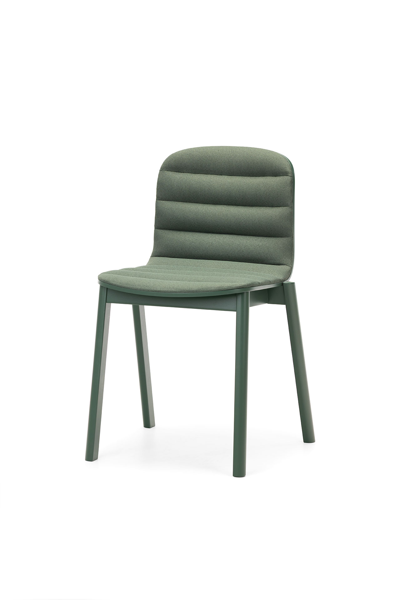 Modern green chair with padded ribbed upholstery and straight wooden legs.