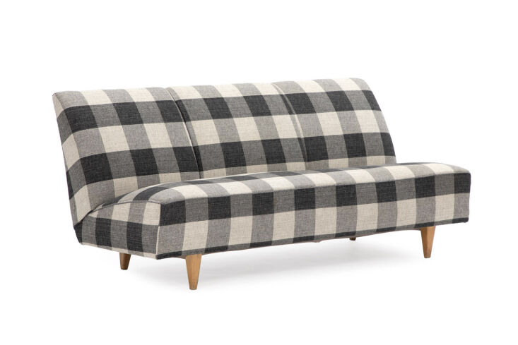 A vintage Bruno Mathsson T201 sofa with a checkered wool pattern and wooden base.