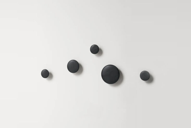A set of five round solid wood wall hooks mounted on a clean white wall.
