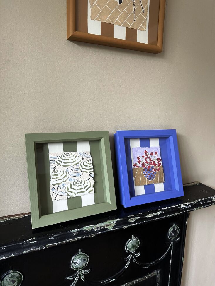 Petite paintings in hand-painted frames with matching striped mats by Grace Percival.