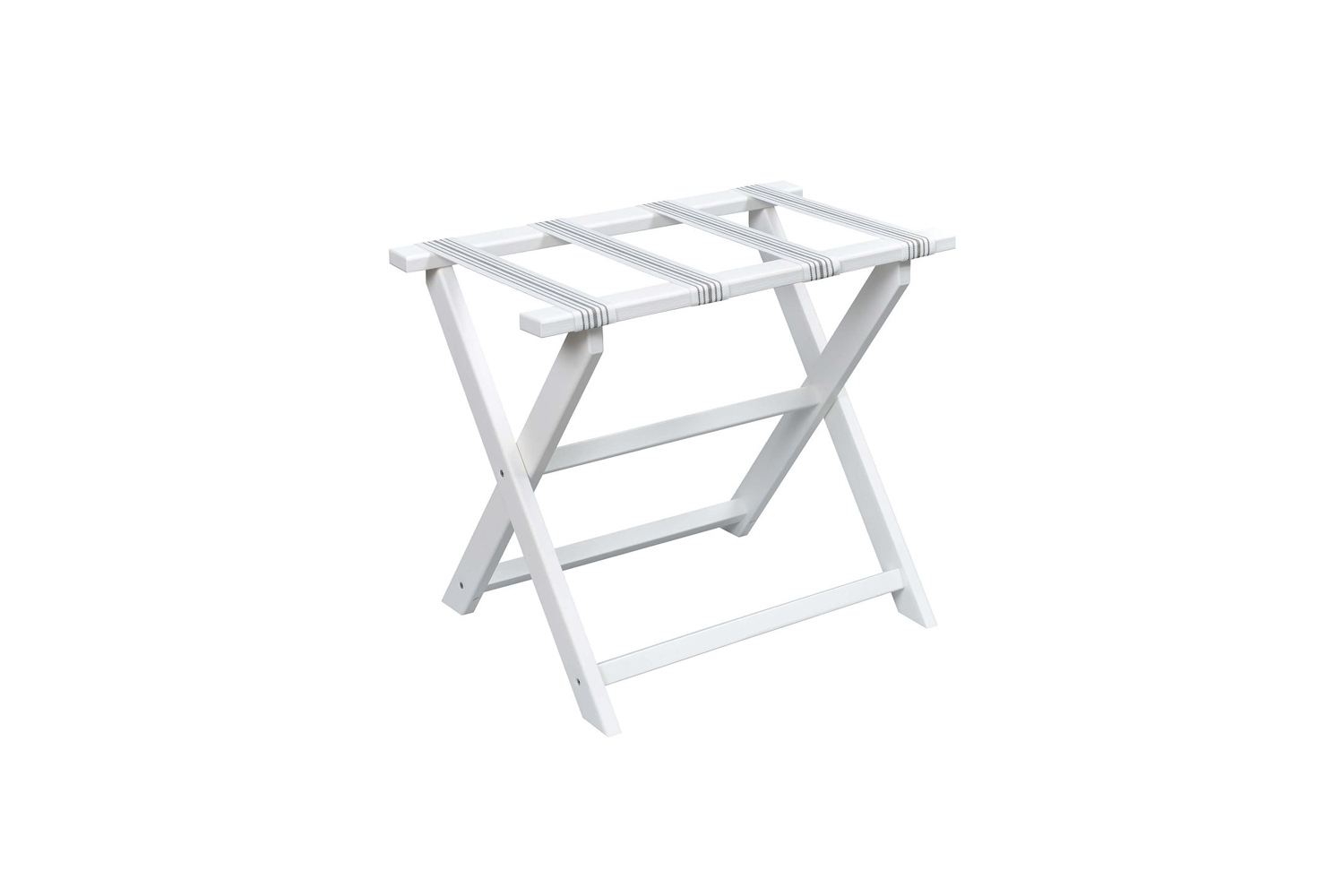 Folding luggage rack with blue and white striped straps and a natural wood frame.