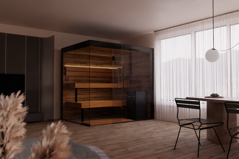 A modern minimalist room featuring wooden floors and a glass-enclosed indoor sauna in the corner.