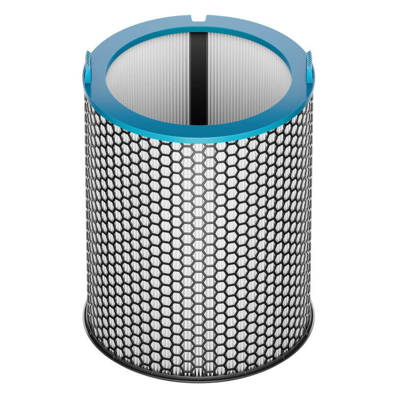 Close-up of the cylindrical Dyson electrostatic air filter with a honeycomb mesh.