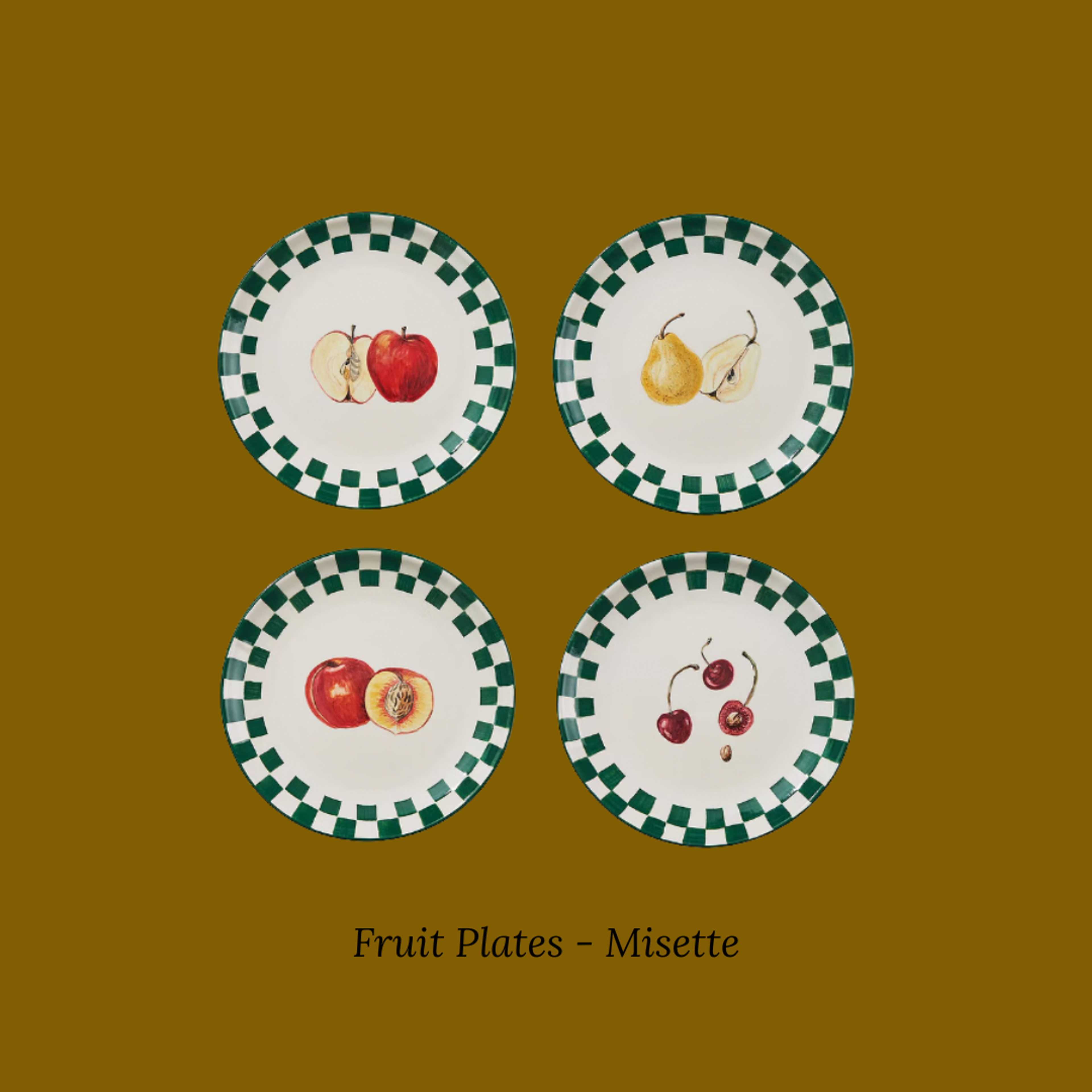 A group of organic, hand-thrown ceramic plates holding fresh fruit.