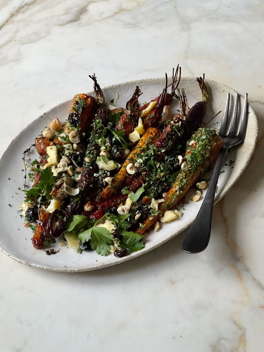 Glazed carrots and parsnips glistening with a honey and red wine vinegar reduction.