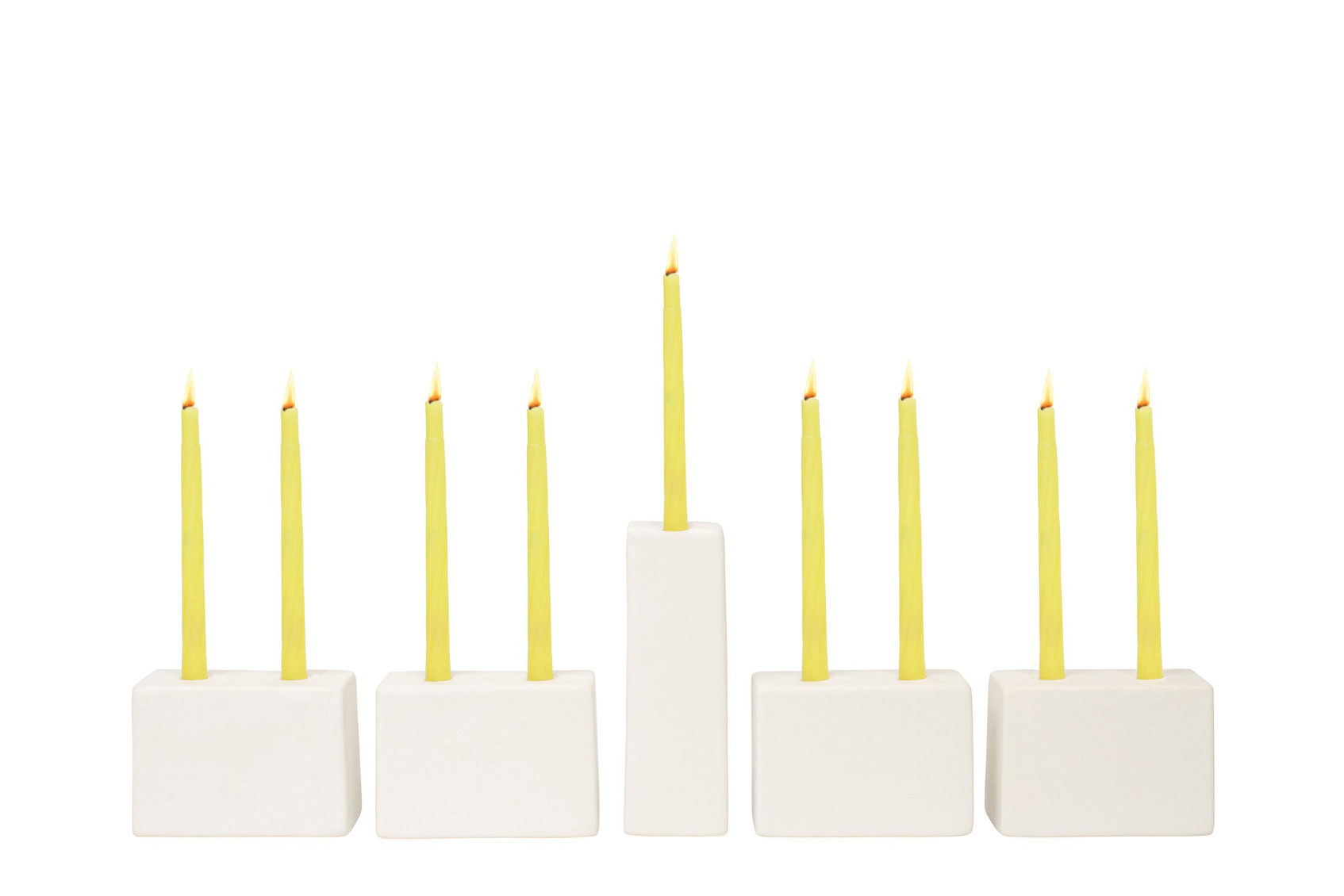 Four freestanding ceramic blocks and a taller shamash block in a modern, geometric arrangement.