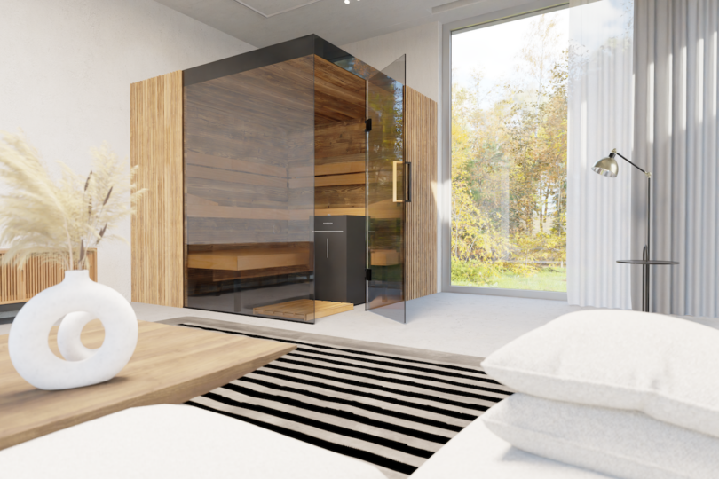 A modern bedroom with white bedding and a large window, featuring a glass-enclosed sauna integrated into the room.