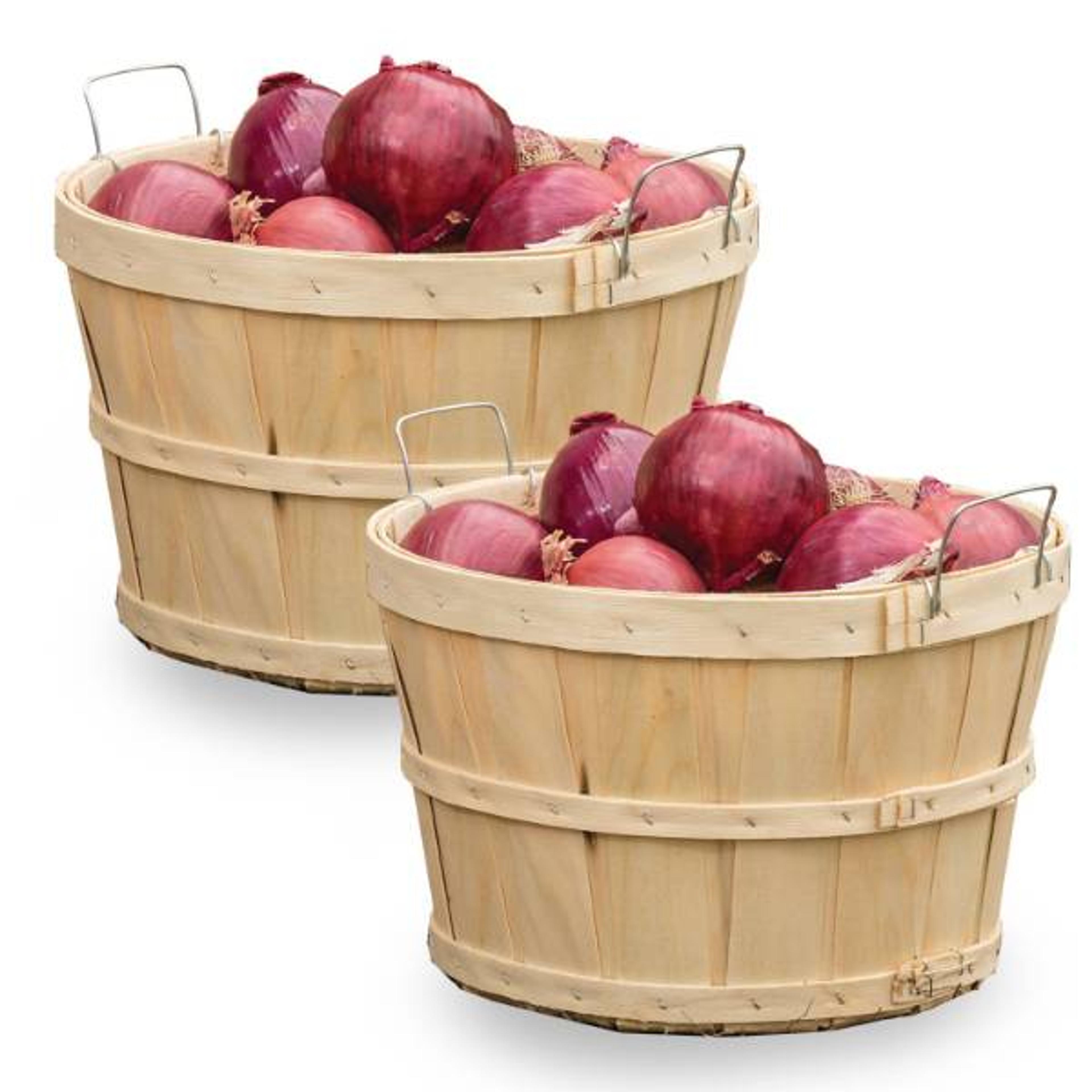 A traditional wooden Lehman's bushel basket used for harvesting crops.