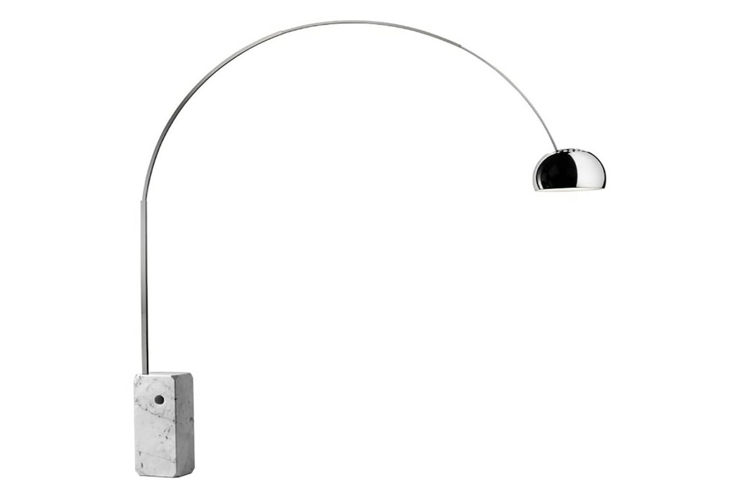The iconic Flos Arco Floor Lamp with its large marble base and arcing stainless steel arm.