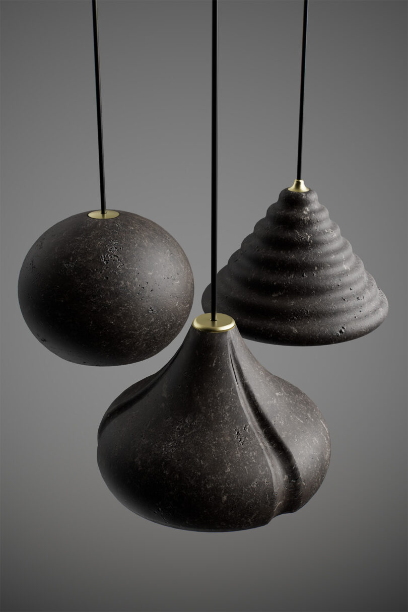 Three matte-black Foscarini Eolie pendant lights showing spherical, ribbed cone, and curved silhouettes.