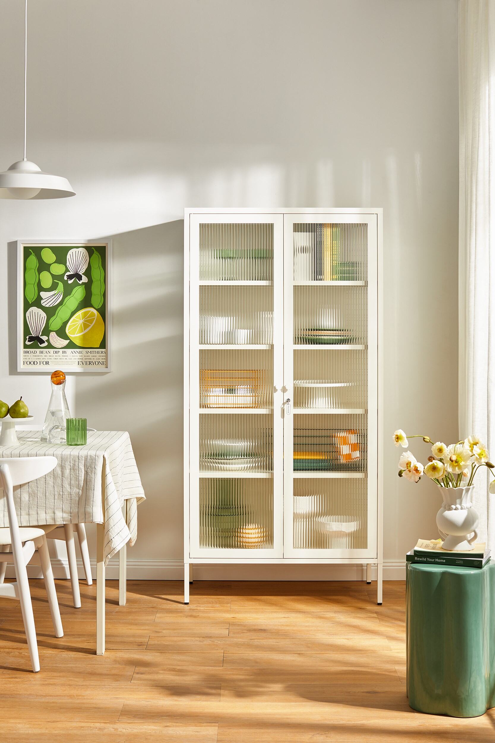 The Collector cabinet in Chalk white showcasing the industrial powder-coated steel finish.
