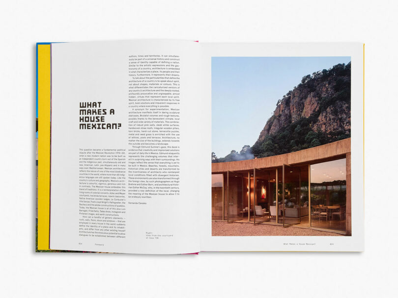 An open book about modern architecture featuring a glass house near a forest.