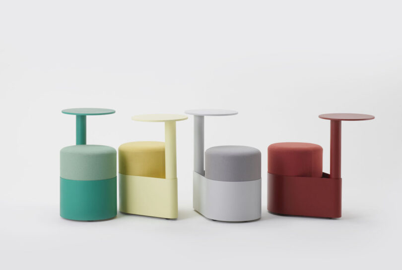 A row of four pony chairs in green, yellow, grey, and red, showing different color options.