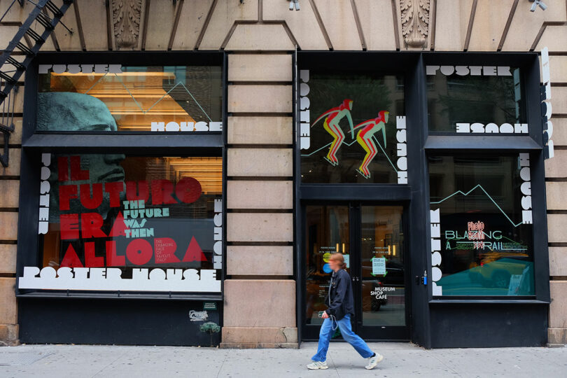 Exterior view of the Poster House museum in New York with graphic window displays.
