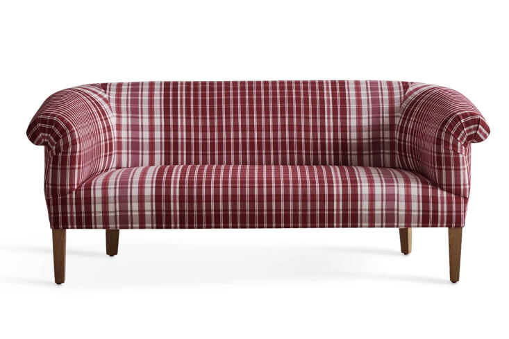 A Nickey Kehoe Low Back Settee with a subtle checked pattern, ideal for small rooms or entryways.