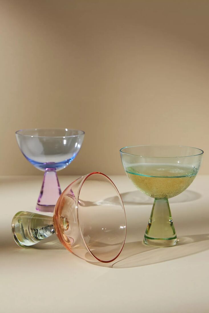 Anthropologie Ramona Coupe Glasses with colorful pedestals in a vintage silhouette.