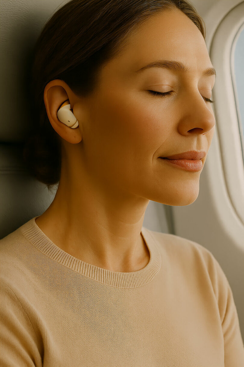 A woman using SleePods to relax while sitting in an airplane seat.