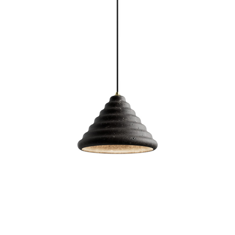 A black, cone-shaped pendant light with a finely ribbed surface texture hanging from a minimal cord.