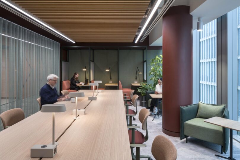 People working together at a long wooden table illuminated by individual lamps and surrounded by indoor greenery.