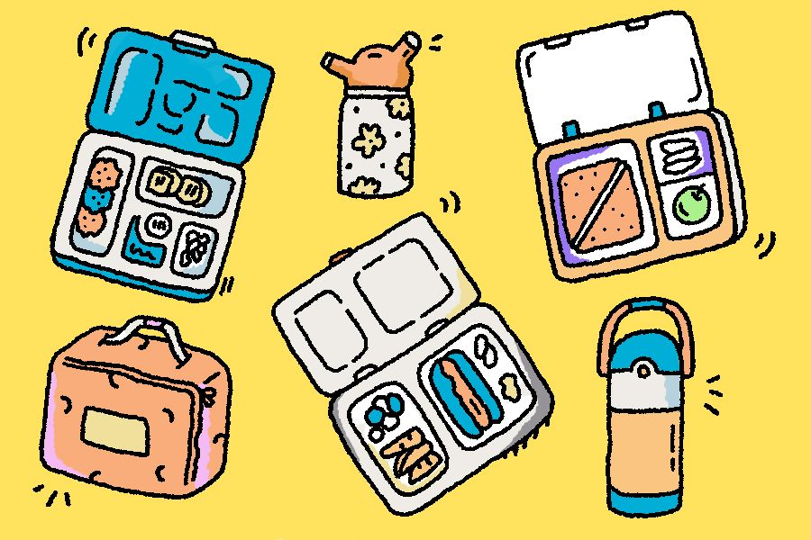 Graphic showing a variety of kids lunch boxes with text reading 'Our Fave Kids Lunch Boxes for Stress-Free, Spill-Free Meals'.