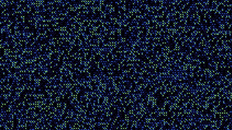 Abstract digital noise pattern with densely packed blue and green pixels.