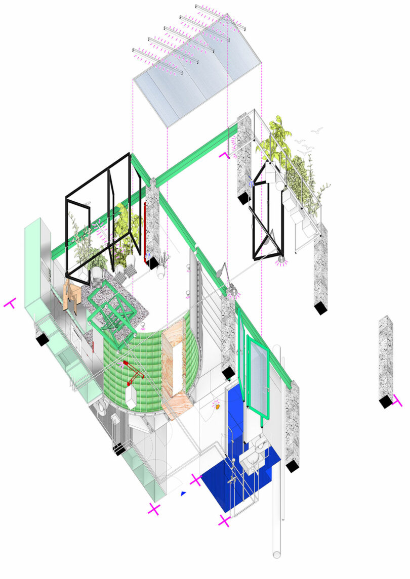 Isometric architectural diagram showing a modular garden structure with green accents.