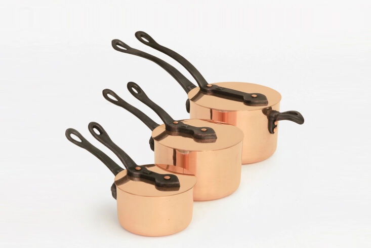 Heavy-duty Brooklyn Copper Cookware pots with artisan hand-laid tin lining.
