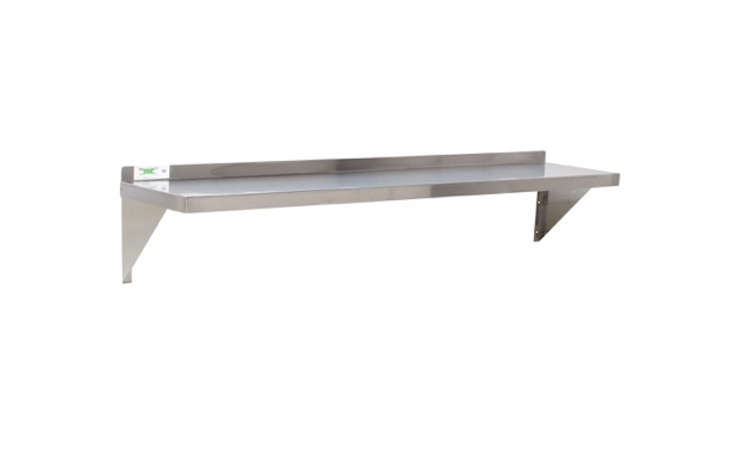 Wall-mounted stainless steel restaurant-style shelving holding glass jars and kitchen supplies.