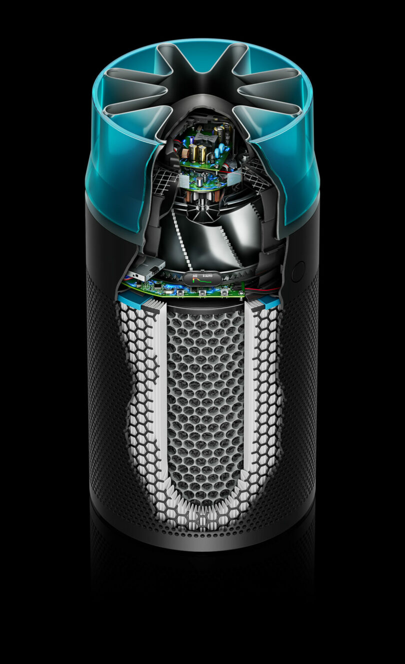 Technical cross-section of the Dyson HushJet showing internal motors and air pathways.
