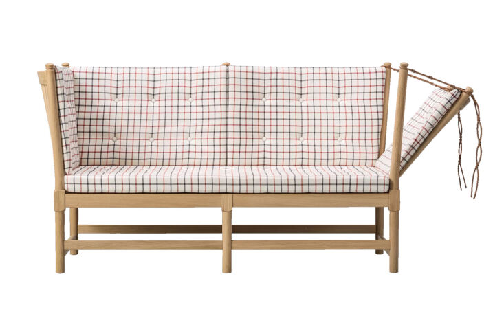 Børge Mogensen 1945 Spoke Back Sofa with an exposed oak frame and plaid wool cushions.