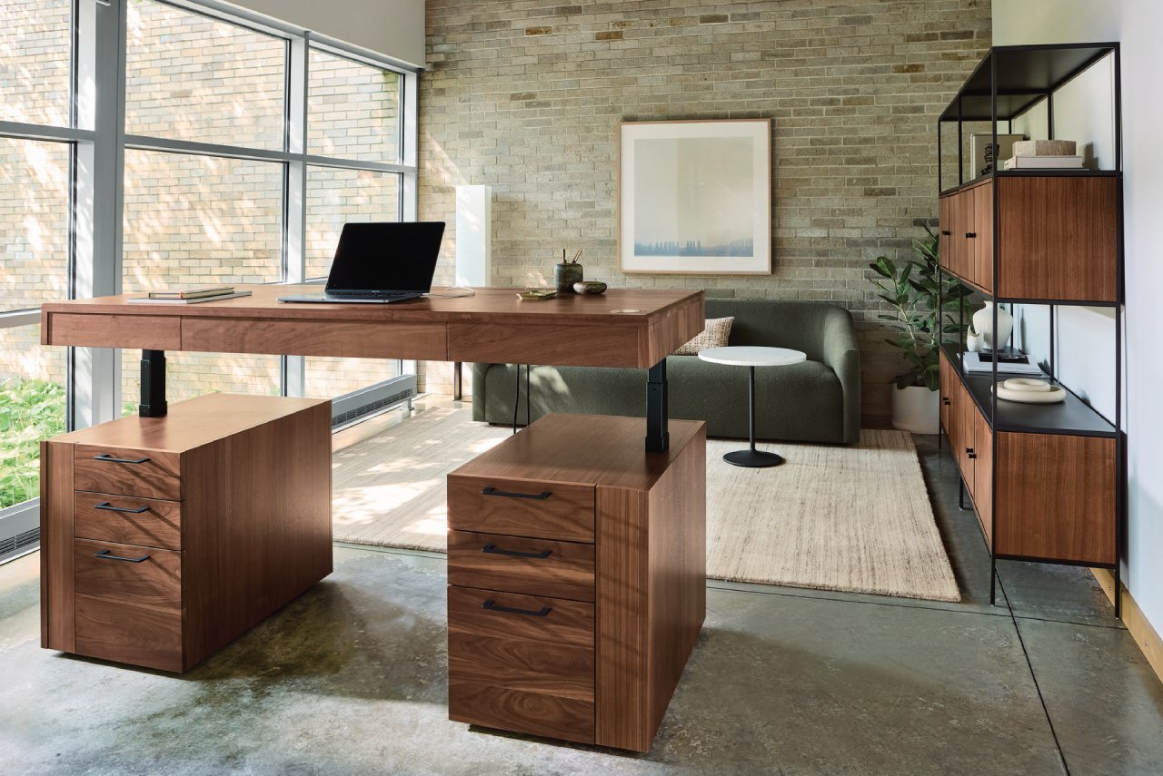 A promotional graphic for the Lincoln Sit-Stand Desk by Room & Board and Gensler.