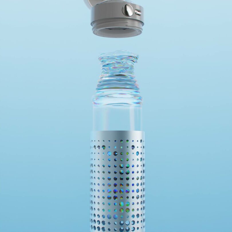 A metallic bottle with a detachable cap floating above its neck, revealing a wavy glass opening.