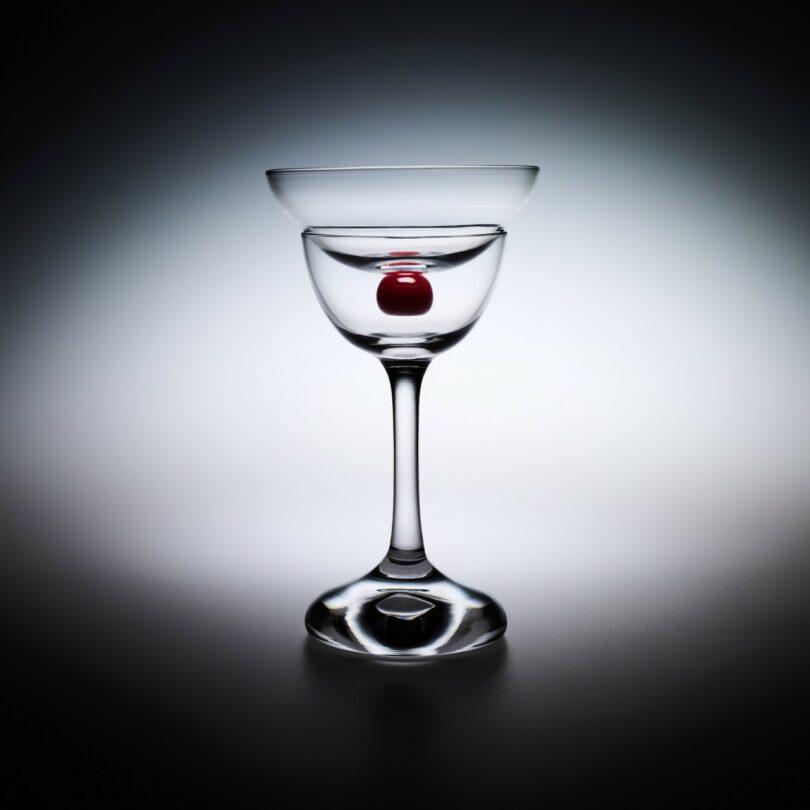 A minimalist clear cocktail glass containing a single bright red cherry garnish.