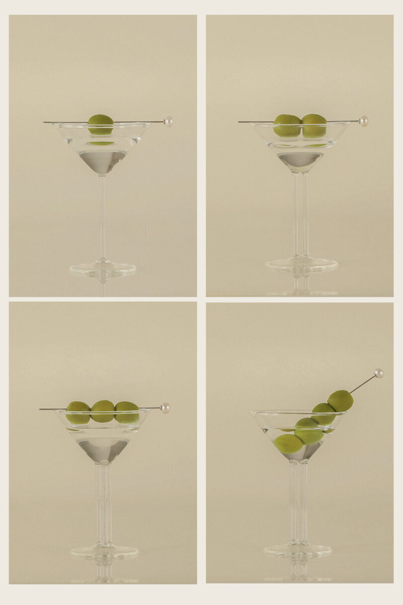 A 4x4 grid showing martini glasses with varying amounts of green olives, representing different serving styles.