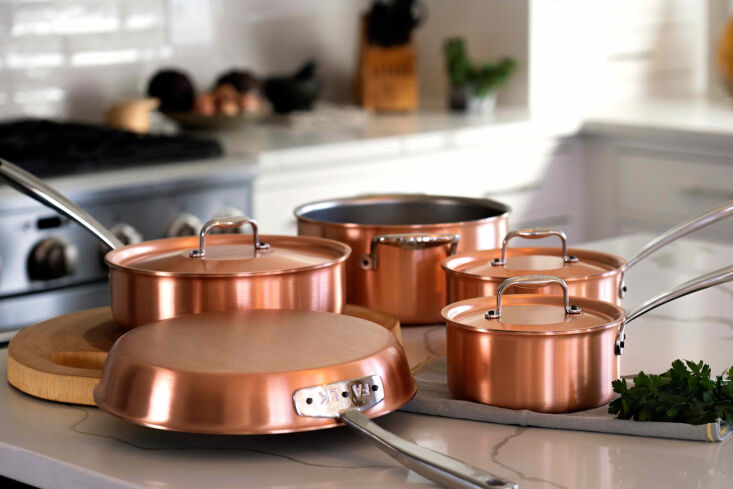 Falk Signature Line Chef Set with brushed copper exterior and stainless steel lining.
