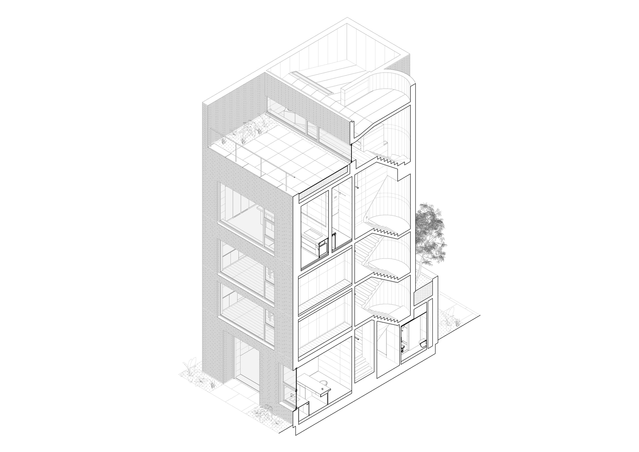 Architectural isometric drawing showing the internal structural layers and grid of the building.
