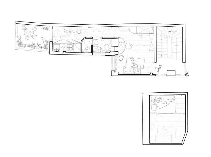 Architectural schematic drawing of a 200 sq ft studio layout showing the loft bed and flow between zones.