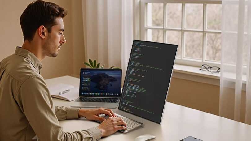 A workspace featuring a large vertical monitor displaying lines of code next to a laptop.