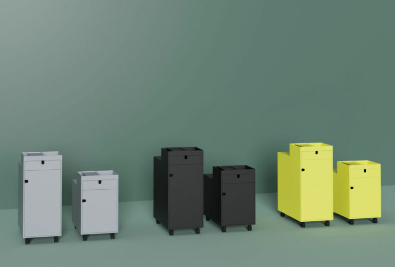 A group of NEXT mobile pedestals in various colors including gray, black, and yellow.