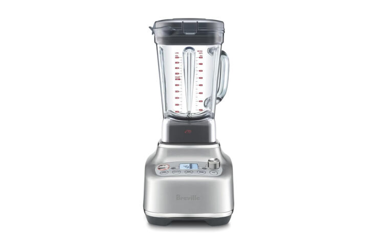 A Breville Super Q blender with a brushed stainless steel base and noise-reducing lid design.