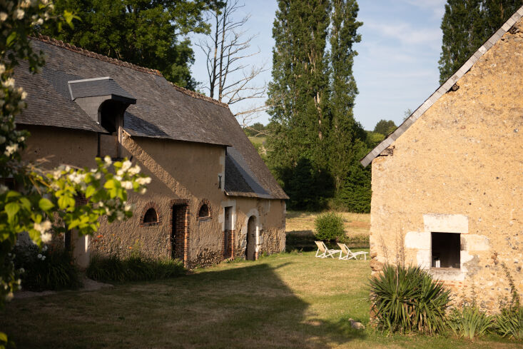 The lush landscape of Le Moulin featuring centuries-old trees and the Sarthe river.