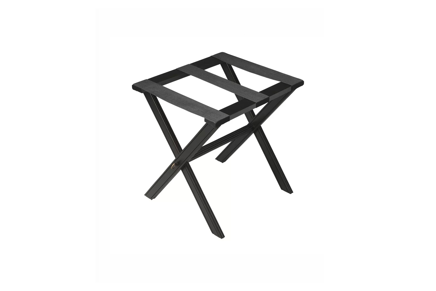 Black wood folding luggage rack with black nylon straps.