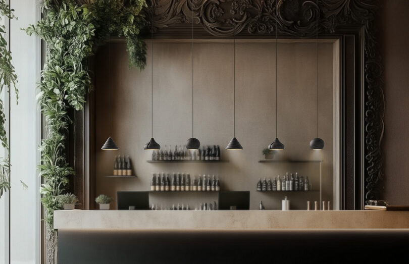 Pendant lights hanging over a modern marble bar counter with greenery and a sophisticated atmosphere.