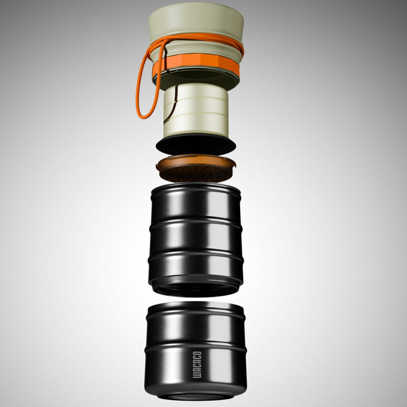 An exploded view showing the disassembled parts of the MokaMax portable coffee maker, including the lid, filter, and metallic cylinders.